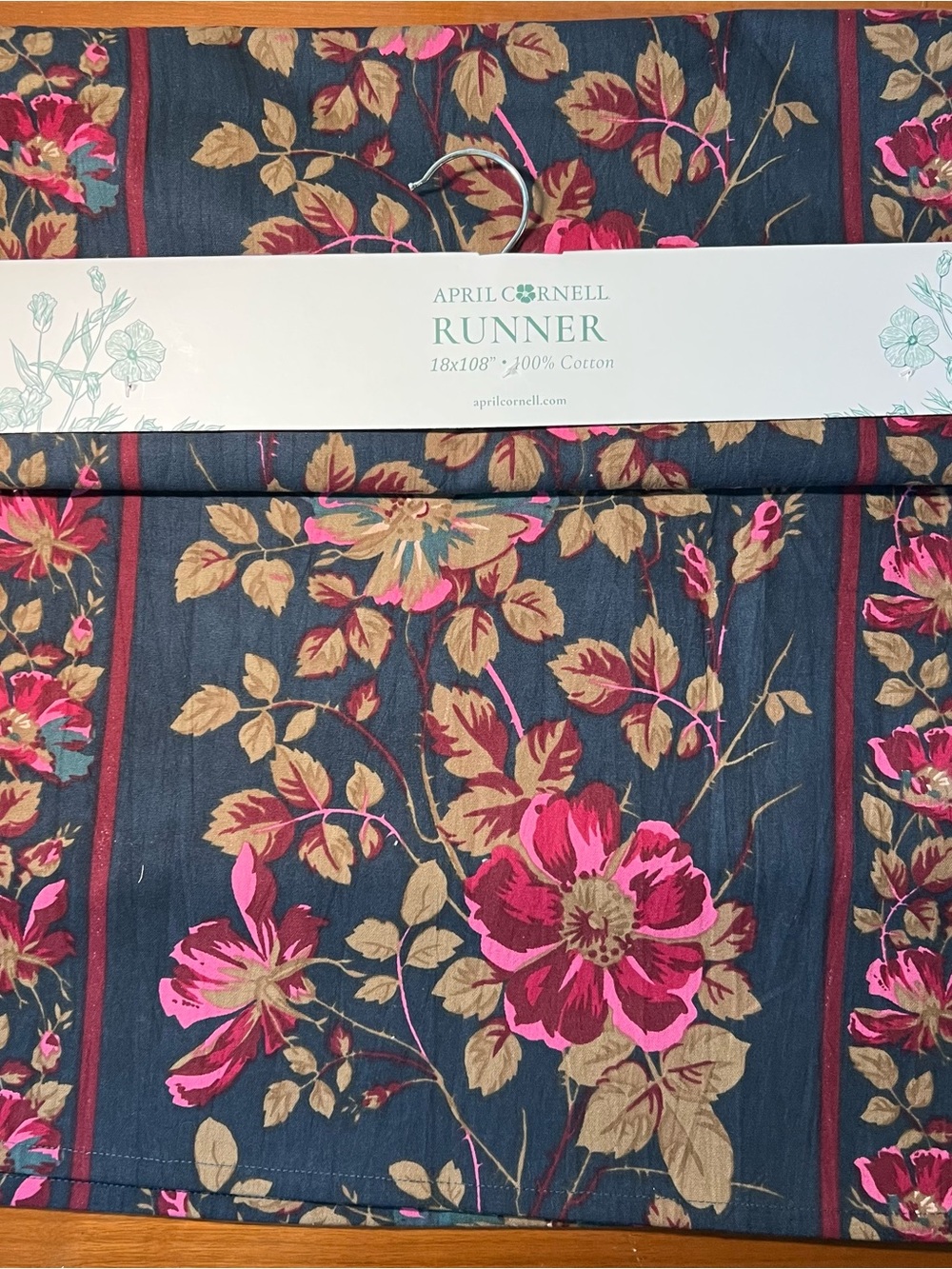 April Cornell Navy Floral Cotton Runner with Pink & Tan Blooms NWT